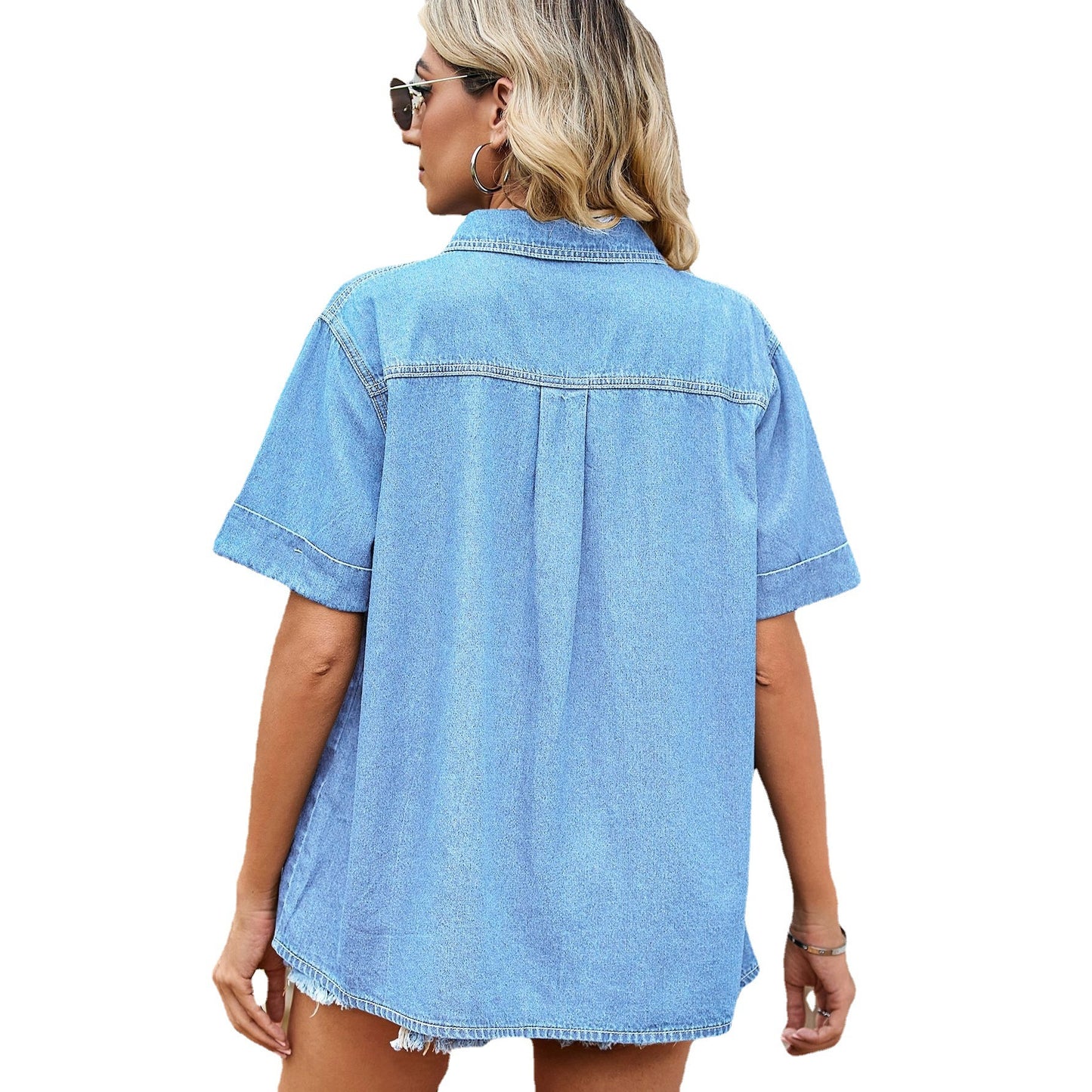 All-matching Slimming Thin Denim Short-sleeved Shirt Casual Top